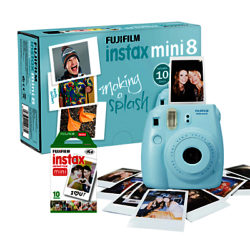 Fujifilm Instax Mini 8 Instant Camera with 10 Shots of Film, Built-In Flash & Hand Strap Blue